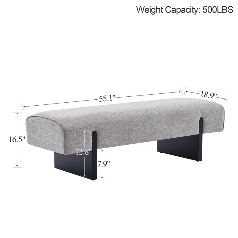Banc rembourré Chamille avec pieds en bois massif, Gris, Noir