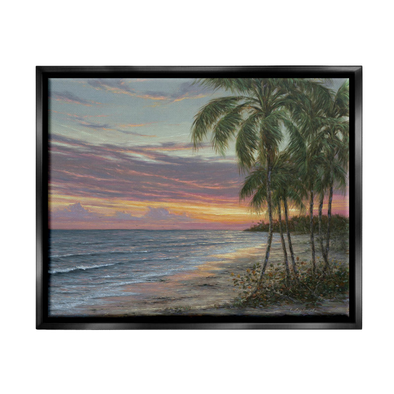 «Summer Beach Palm Trees», peinture sur toile à cadre flottant, Cadre flottant noir de jais, H 17 po x l 21 po x P 1,7 po