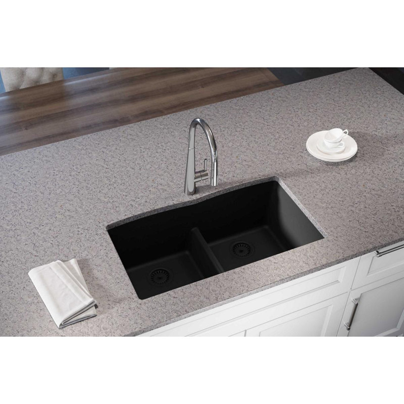 Quartz Luxe 33" L x 19" W Double Basin Undermount Kitchen Sink with Aqua Divide, Caviar
