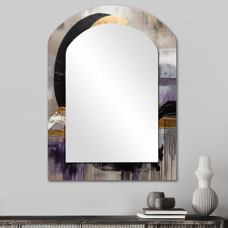 Golden Rising Moon IV - grand miroir asymétrique paysage, miroir mural décoratif arqué traditionnel, impression d'art en métal