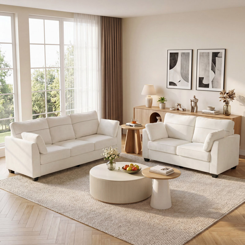 Ensemble de canapé modulaire, causeuse moderne rembourrée et canapé 3 places avec coussin de dossier confortable, accoudoirs biseautés, coussins confortables pour le salon, la chambre à coucher, un appartement, la chenille, beige