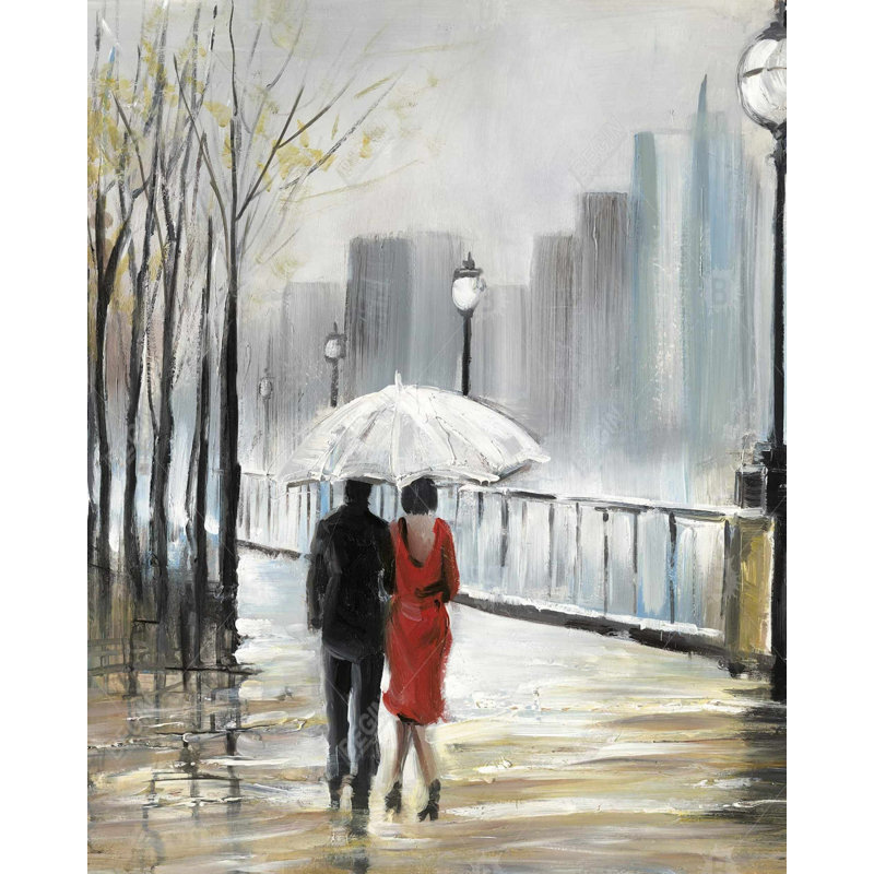 Couple Walking Under the Rain - Framed Canvas Art, 61.25" H x 49.25" W