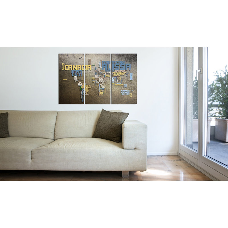 Map Of The World - 3 Piece No Frame Print on Canvas, 60cm H x 90cm W