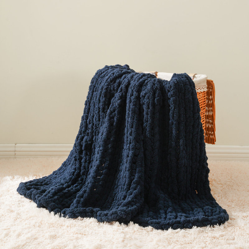 Jeté épais en tricot, jeté doux et épais en chenille, jeté en tricot fait à la main 50 po x 60, Marine