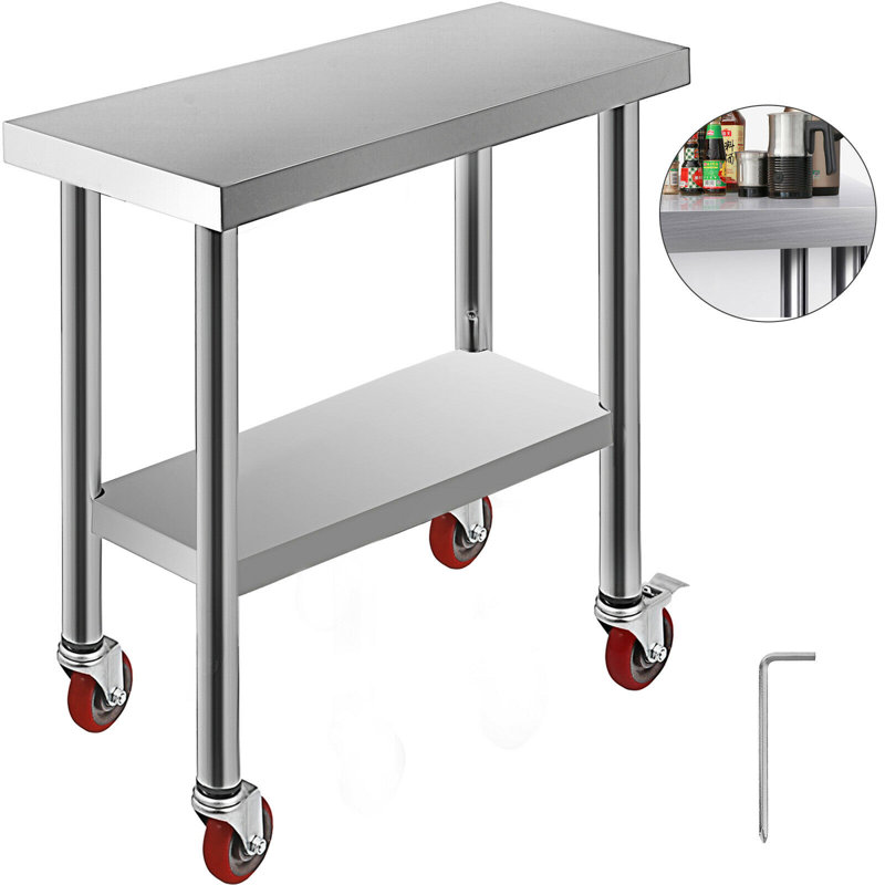 Stainless Steel Work Table 30 x 12 x 34 Inch, 700 LBS Load Capacity with 4 Wheels, 3 Adjustable Height Levels