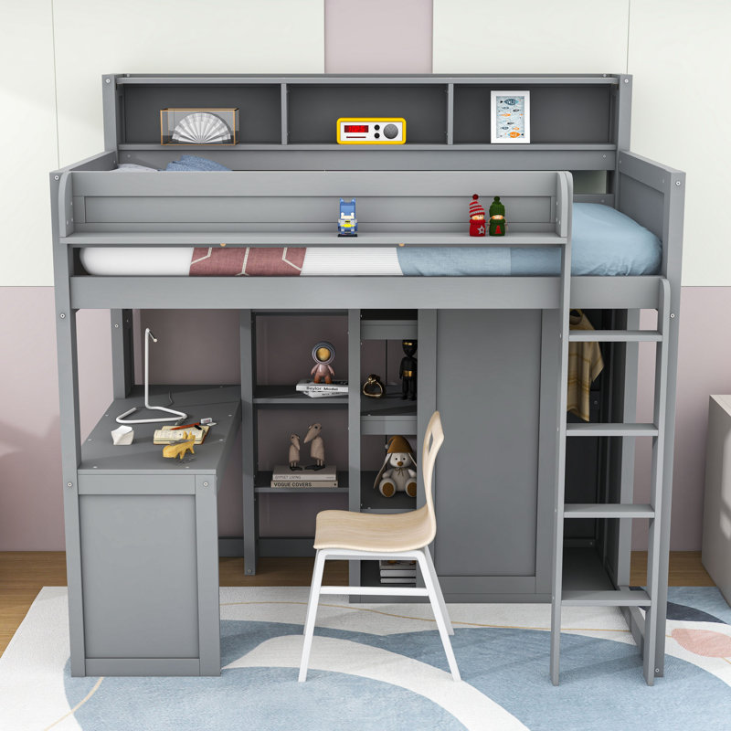 Lit mezzanine simple avec bureau intégré et tablettes, Gris