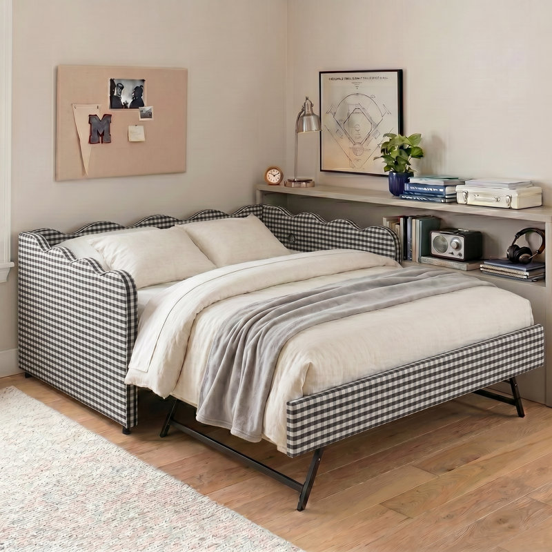 Helin Preppy Style Linen Upholstered Daybed with Trundle, USB Port & Wave-Shaped Back, Full, Black