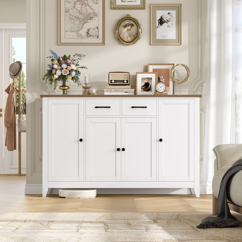 Buffet décoratif 4 portes avec 2 tiroirs, tablettes réglables, Blanc