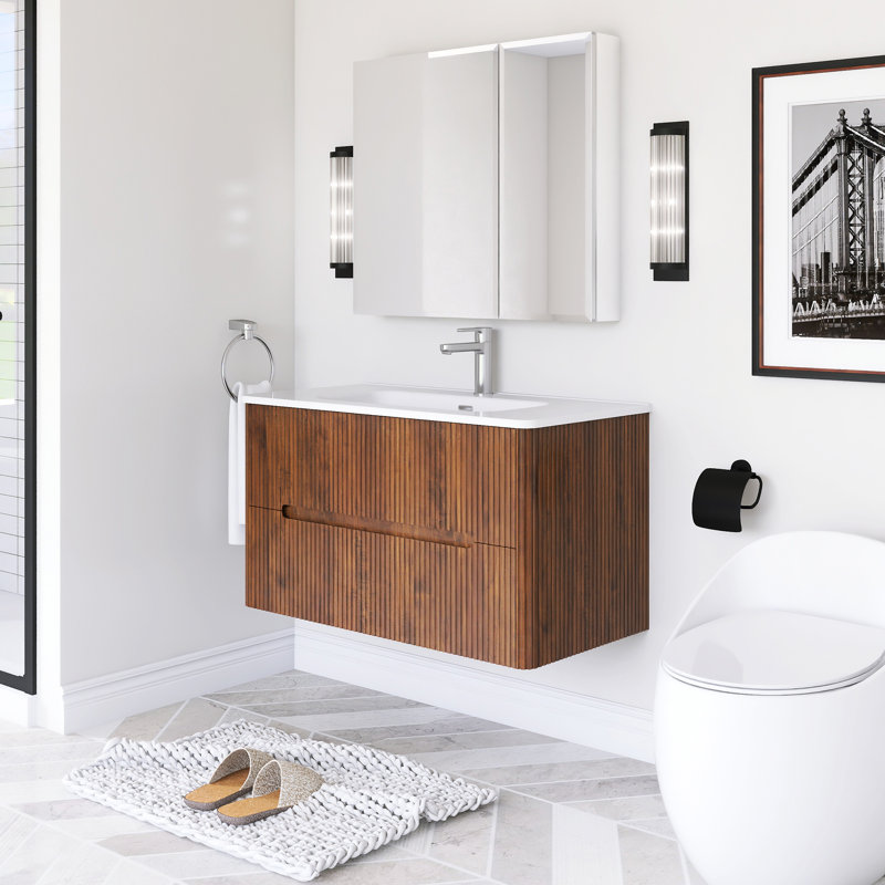 Ensemble de meuble-lavabo mural 36 po avec plateau intégré en céramique 36 po, Noyer