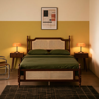 Vintage Solid Pine Wood Platform Bed with Rattan Headboard and Footboard, Under-Bed Storage