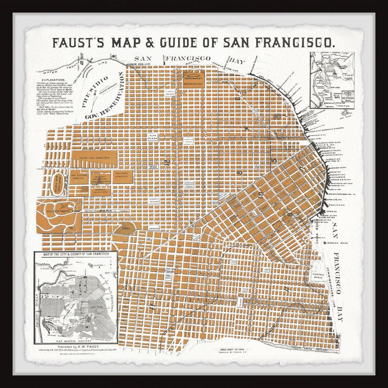 Carte et guide de San Francisco - impression encadrée sur papier, H 32 po x l 32 po x P 1,5 po