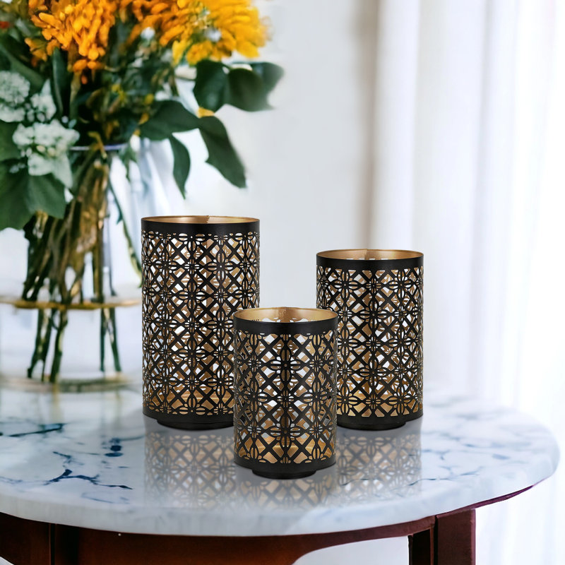 Set of 3 Black and Gold Metal Pierced Candle Lanterns