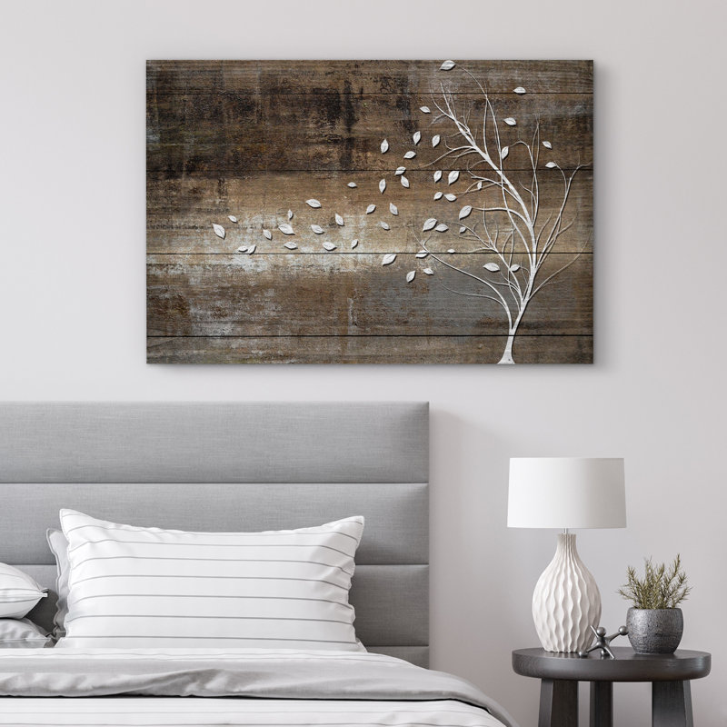 «Leaves Blown Away By Wind From Tree Wood Effect Rustic Large», reproduction d'art sur toile encadrée, Toile tendue