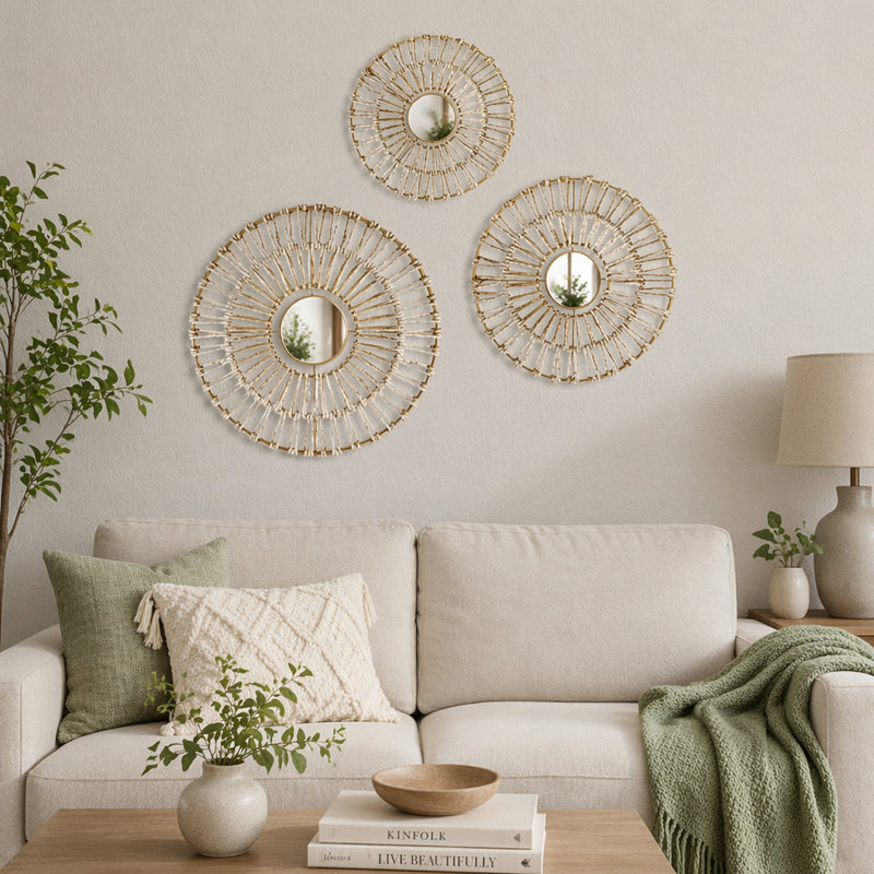 Ensemble de 3 décorations murales rondes en fibre naturelle et miroir