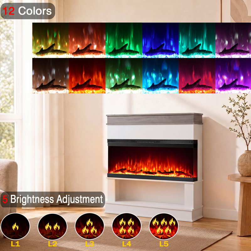 Rebrilliant White Electric Fireplace with 5000 BTU, 62.2" L × 9.1" W × 42.9" H