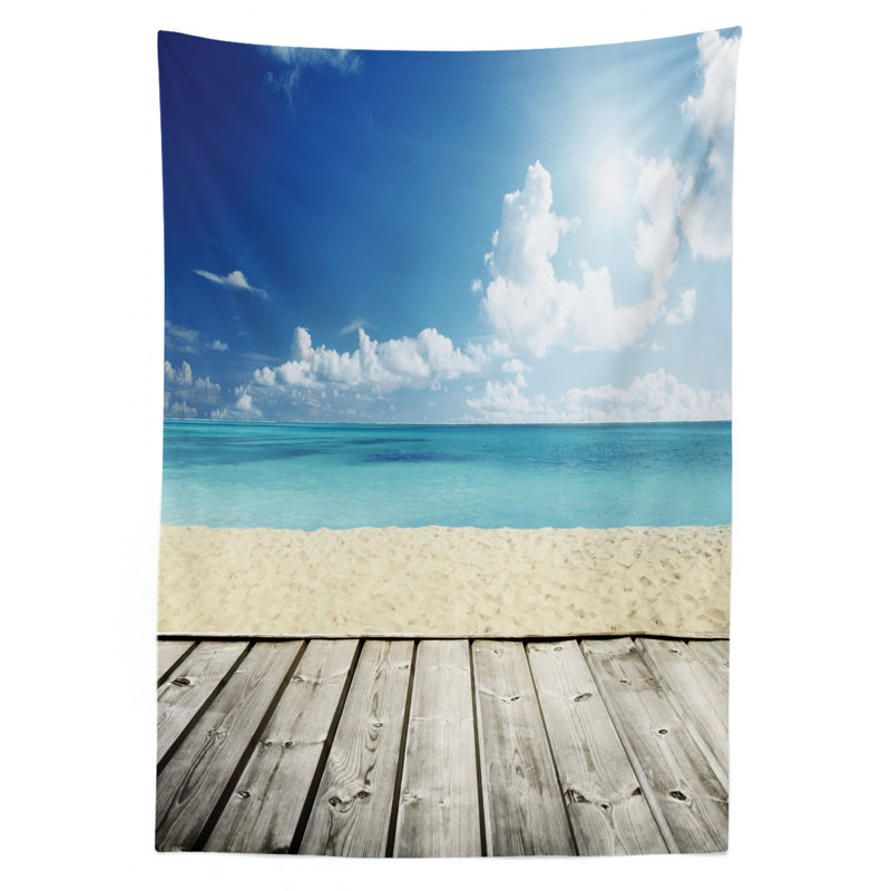 Ambesonne Landscape Tablecloth, Tropical Beach From Wooden Pier With Sky Landscape Summer View Image, Rectangular Table Cover For Dining Room Kitchen Decor, 52" X 70", Cream Turquoise White