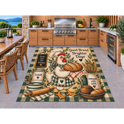 Tapis d'extérieur 152 x 213 cm (5' x 7') style ferme, motif poulet, chef, pain et pâtisserie, en PVC épais et imperméable, à boucles, séchage rapide, idéal pour l'intérieur et l'extérieur (cuisine, porche, terrasse, entrée).