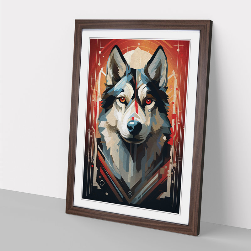 Husky Art Deco No.2 - Single Picture Frame Print on Wood, 64cm H x 46cm W x 2cm D, Walnut