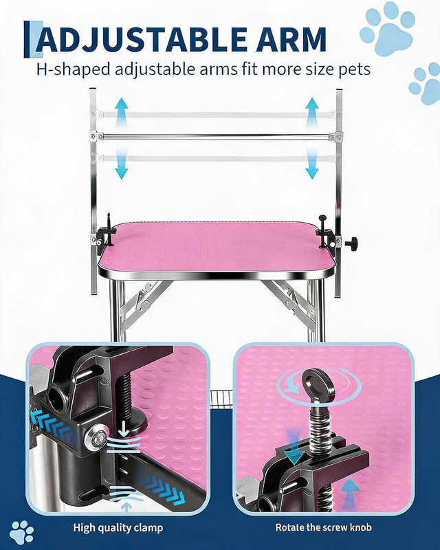 Table de toilettage pour animaux 42 po avec 2 bras réglables et corde de sécurité, station antidérapante pliable pour chats et chiens, capacité de 330 lb