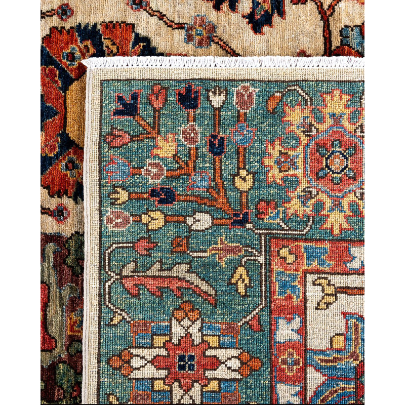 Hand-Knotted Geometric Wool Area Rug in Beige and Red