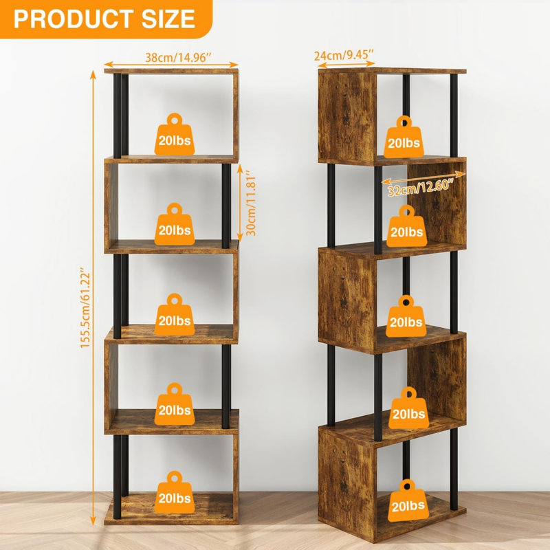 155.5cm H x 38cm W Metal Bookcase, Brown