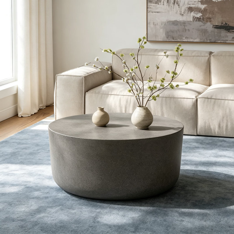 Table basse ronde en béton au design cylindrique conique, table basse intérieure/extérieure pour salon ou terrasse, surface lisse et élégante, entièrement assemblée