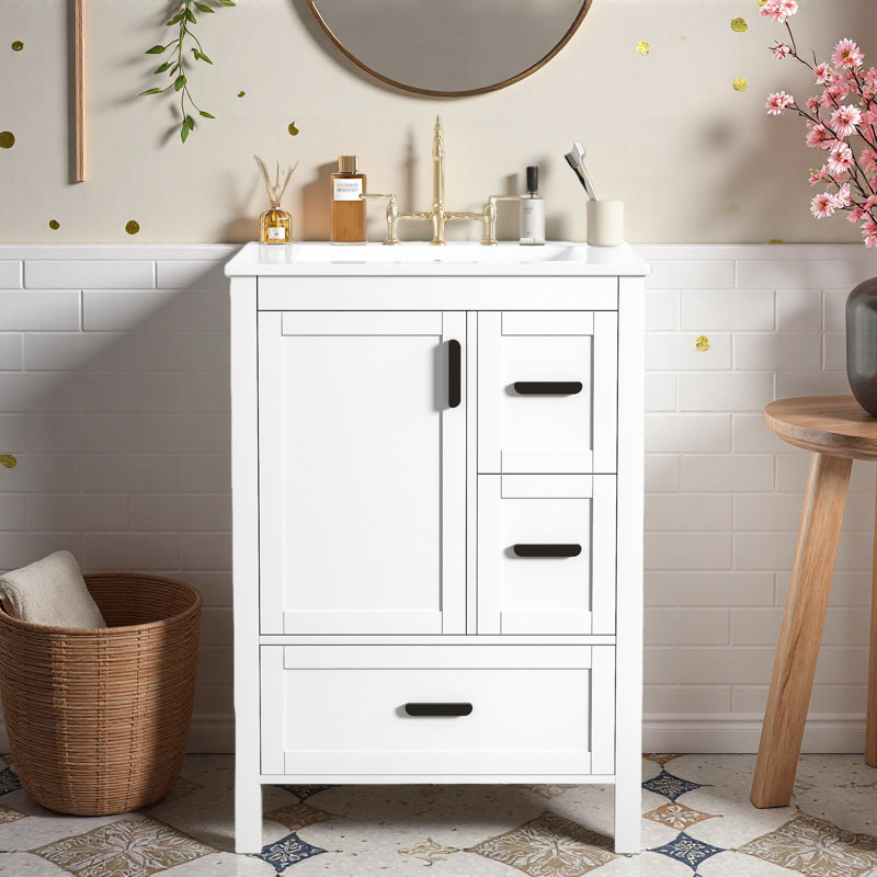 Meuble-lavabo moderne de 24 pouces avec lavabo en céramique, porte à fermeture douce, tablette à double couche, Blanc
