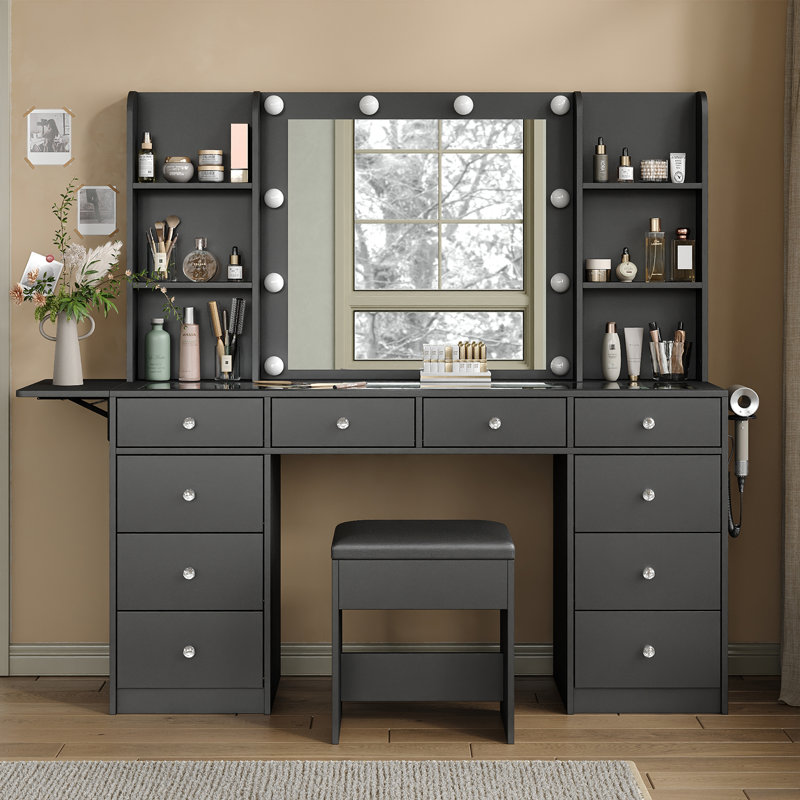 Makeup vanity With Mirror, vanity Desk With Power Outle, Makeup vanity With Lights, 3 Lighting Modes Adjustable, Makeup Table With Fold-Up Panel, 9 Drawers vanity Set