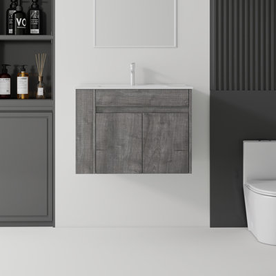 30" Floating Bathroom Vanity with Ceramic Sink, Plywood Cabinet, 2 Soft-Close Doors, Side Open‑Storage Compartment, Grey