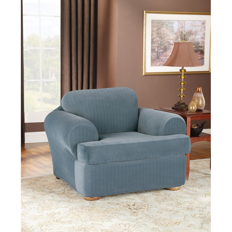 French Blue Stretch Pinstripe T-Cushion Chair Slipcover