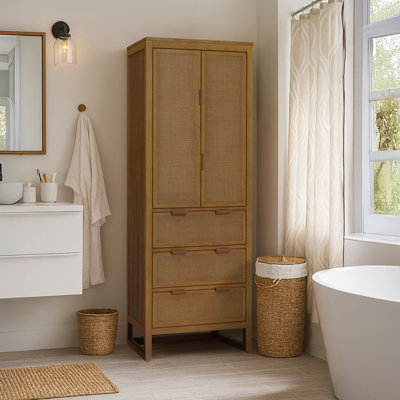 Modern Boho Solid Wood Linen Cabinet Storage with Drawers, Rattan Inlay Doors & Adjustable Shelves