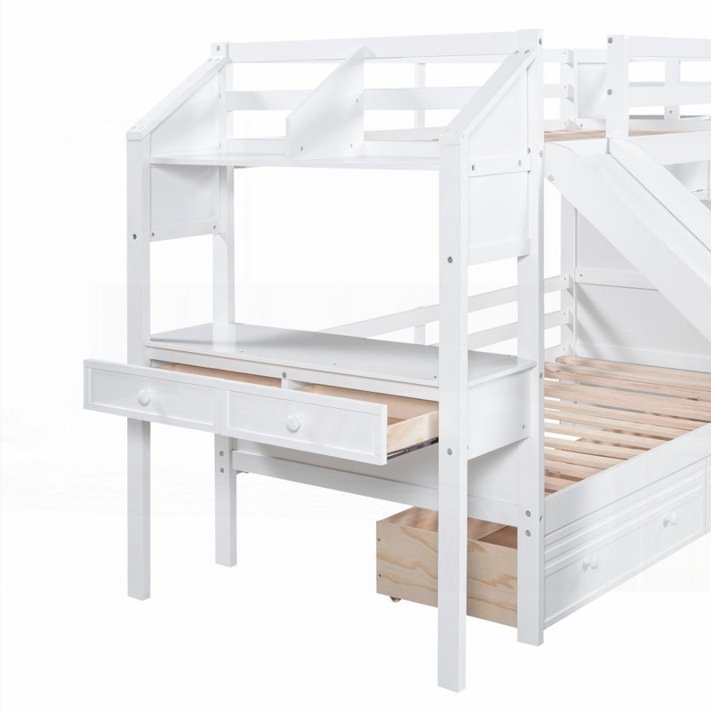 Cadre de lit simple avec rangement, glissade et amp; Bureau - Aucun sommier requis, fabrication en pin robuste, Blanc