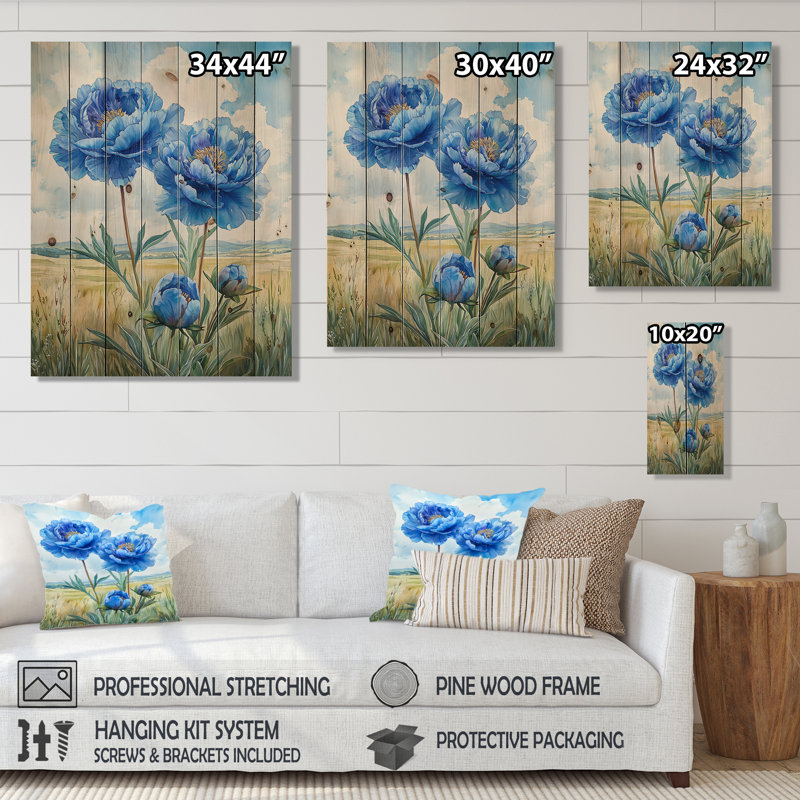Ocean Blue Peonies In The Field III - Peonies Wood Wall Art - On Natural Pine Wood, 44" H x 34" W x 0.78" D
