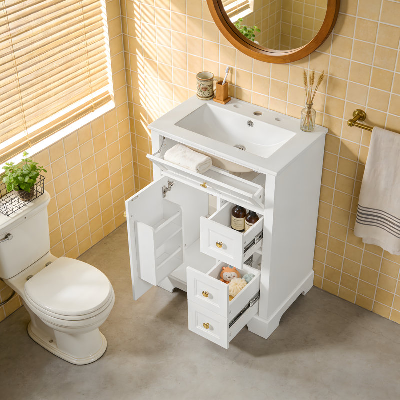 24 Inch White Freestanding Bathroom Vanity - Ceramic Sink With Gold Knobs, Soft-closing Hinges & Ample Storage
