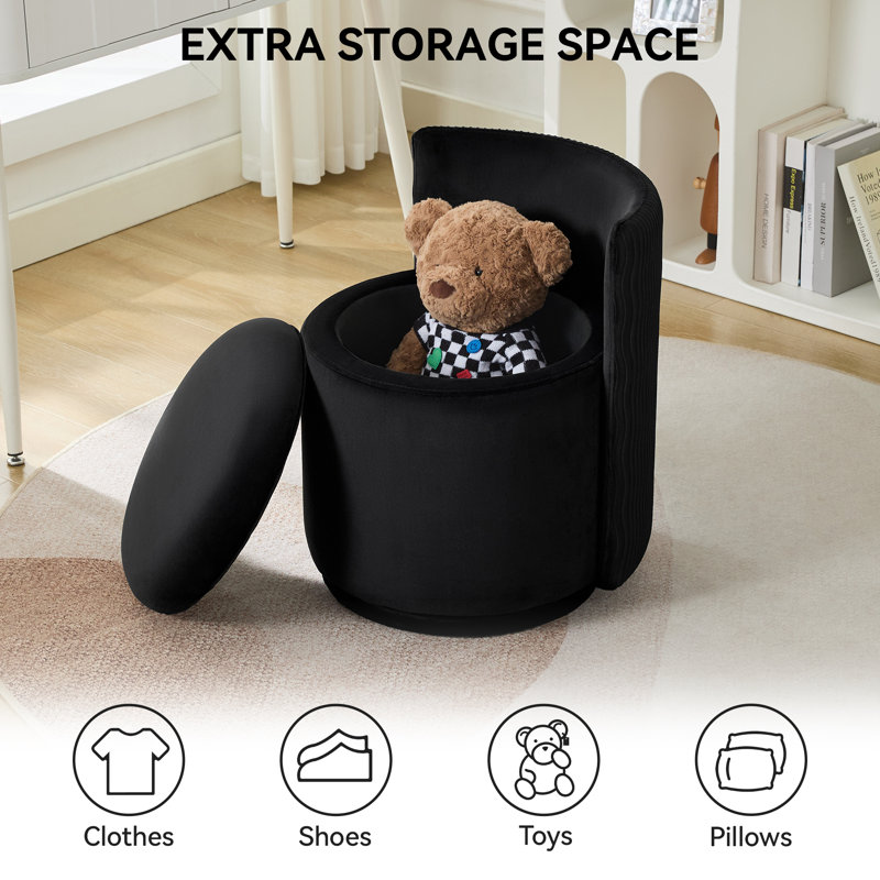 Upholstered Swivel Barrel Chair With Storage, Black Velvet, Regular