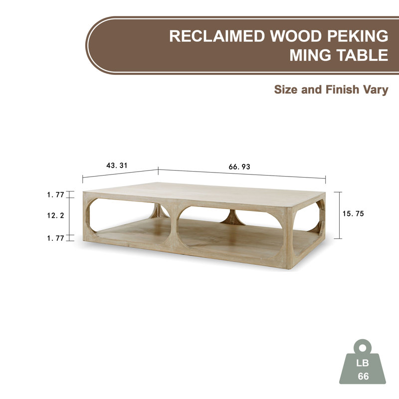 Peking Ming Solid Wood Coffee Table, 15.75" H x 66.93" L x 43.31" W, Weathered Whitewash