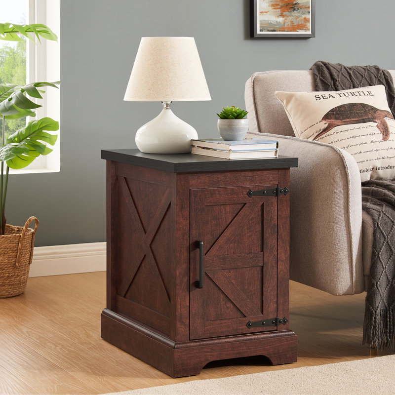 24" Farmhouse Barn Door End Table, Rustic Rectangular Sofa Side Table with Adjustable Storage Shelf, Modern Nightstand for Living Room, Bedroom, Oak