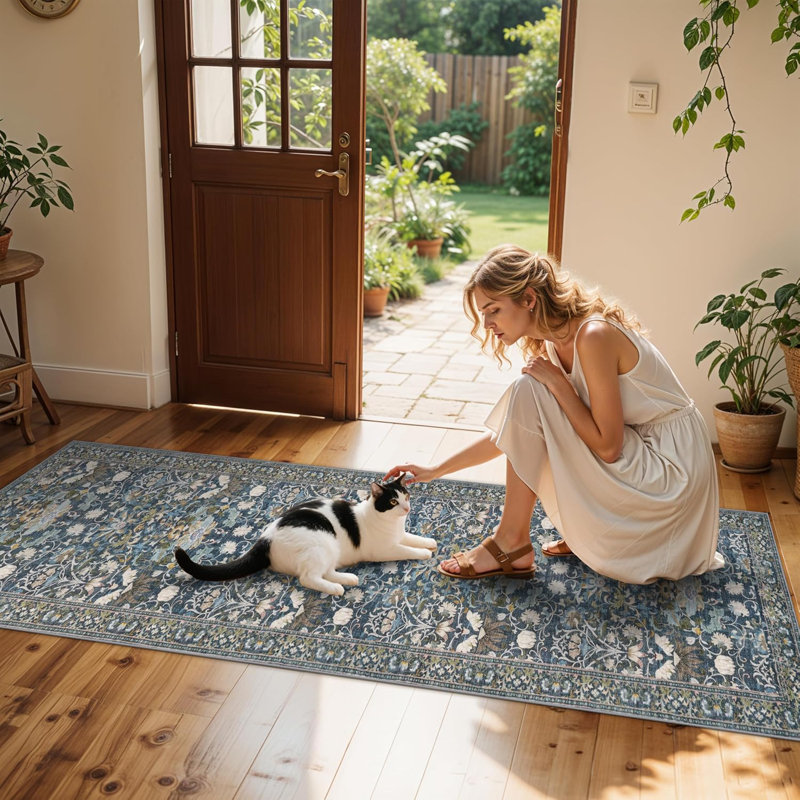 Washable Hallway Rug: Vintage Kitchen Rugs with Non-Slip Backing Low Pile Water Resistant Carpet for Living Room Bedroom Soft Floor Mat for Bathroom Laudry Dining Room