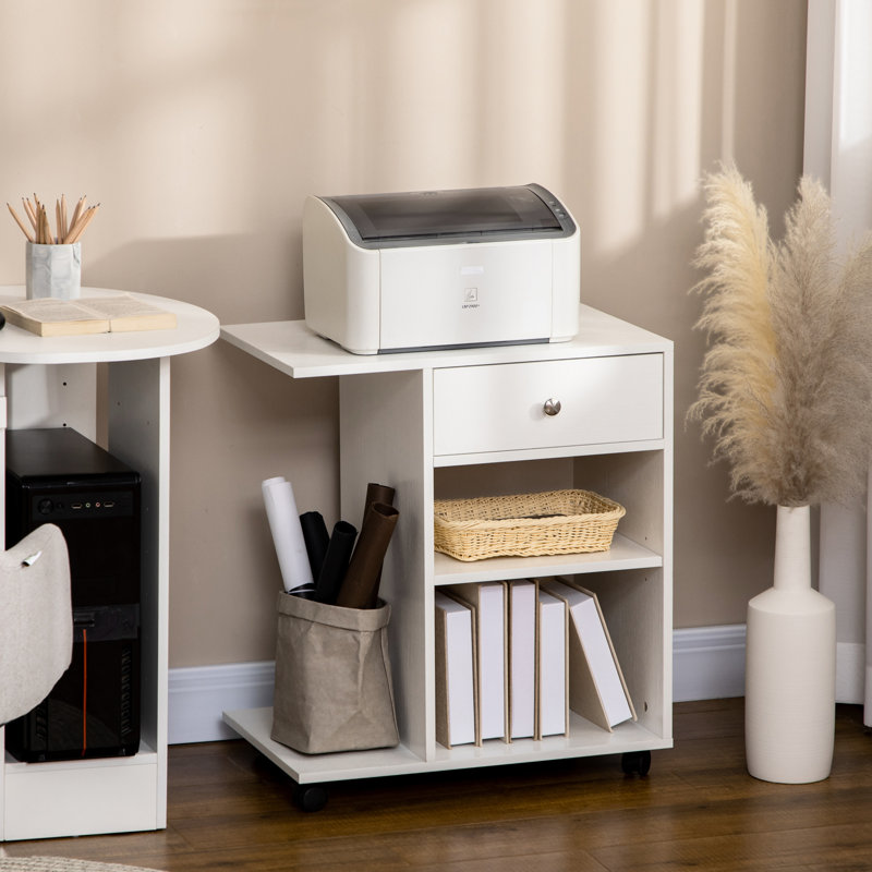 Support d'imprimante mobile blanc avec tablette réglable et tiroir de bureau
