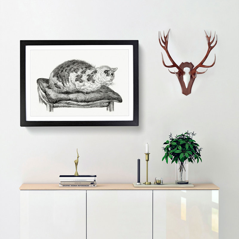 Cat upon a Cushion by Jean Bernard - Picture Frame Drawing Print, 48cm H x 65cm W x 2cm D, Black Framed