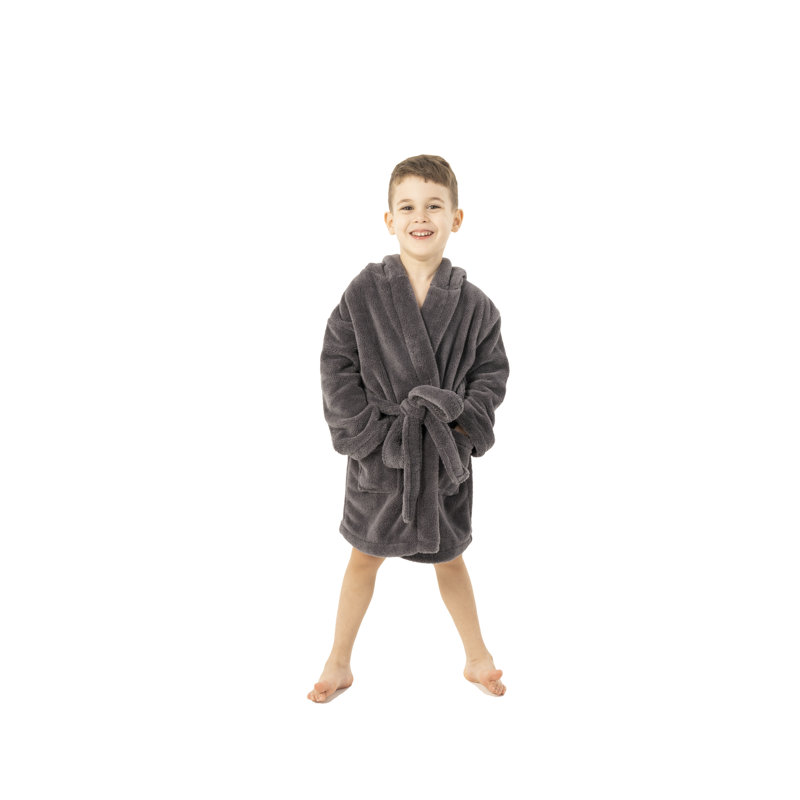 Kids' XL Gray Microfiber Plush Fleece Hooded Bathrobe