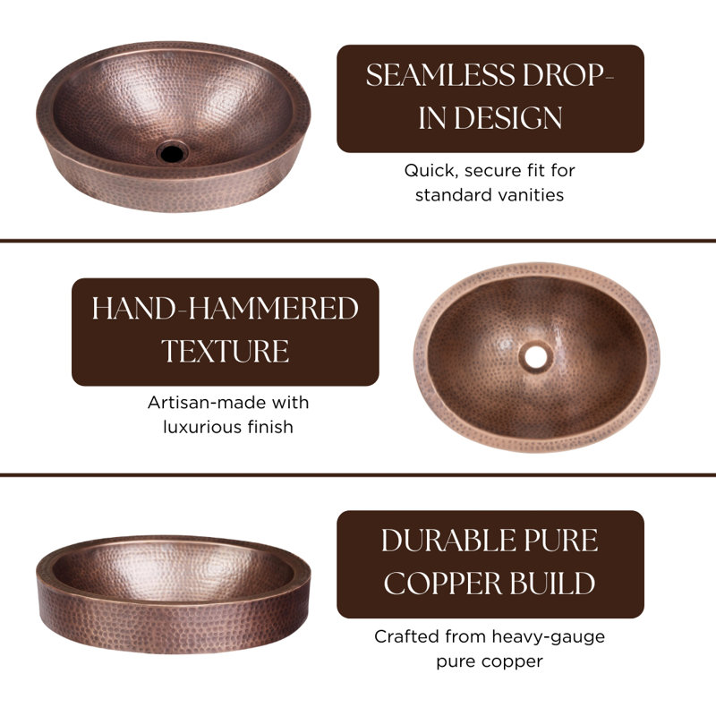 Lavabo de salle de bain ovale martelé à la main Pure Copper 17 po