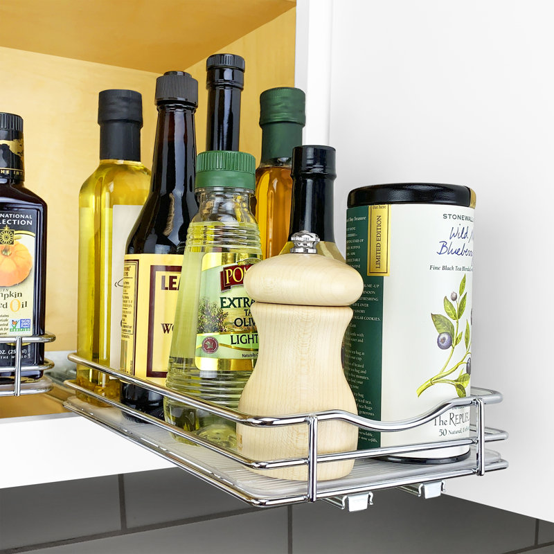 LYNK PROFESSIONAL Pull Out Spice Rack Organizer for Inside Kitchen Cabinets - 10-1/4 inch Wide - Slide Out Drawer – Chrome Sliding Spice Cabinet Organization Shelf Racks - 1 Tier