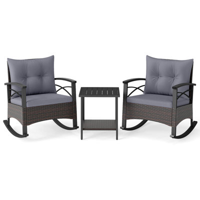 3 PCS Rattan Rocking Chair Set with Acacia Wood Tabletop Armrests for Porch Balcony Mix Brown + Gray by George Oliver