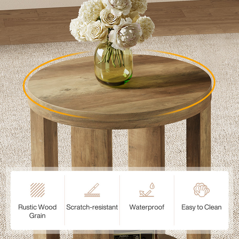 2-Tier Round Side Table, End Table For Living Room, Brown