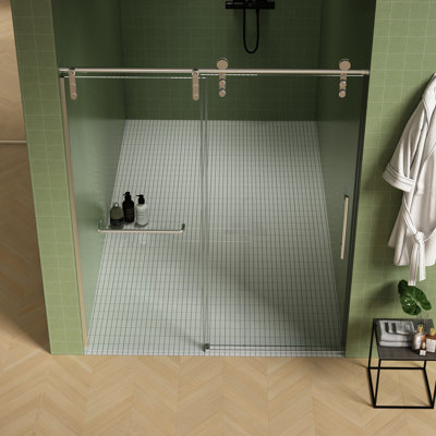 8Mm Tempered Glass Shower Enclosure, 56"-60"W X 70"H Sliding Door, Brushed Nickel, Towel Bar, Double Side Clean Coat And Buffer Design 70"H, Waterproof, Bathroom Essential