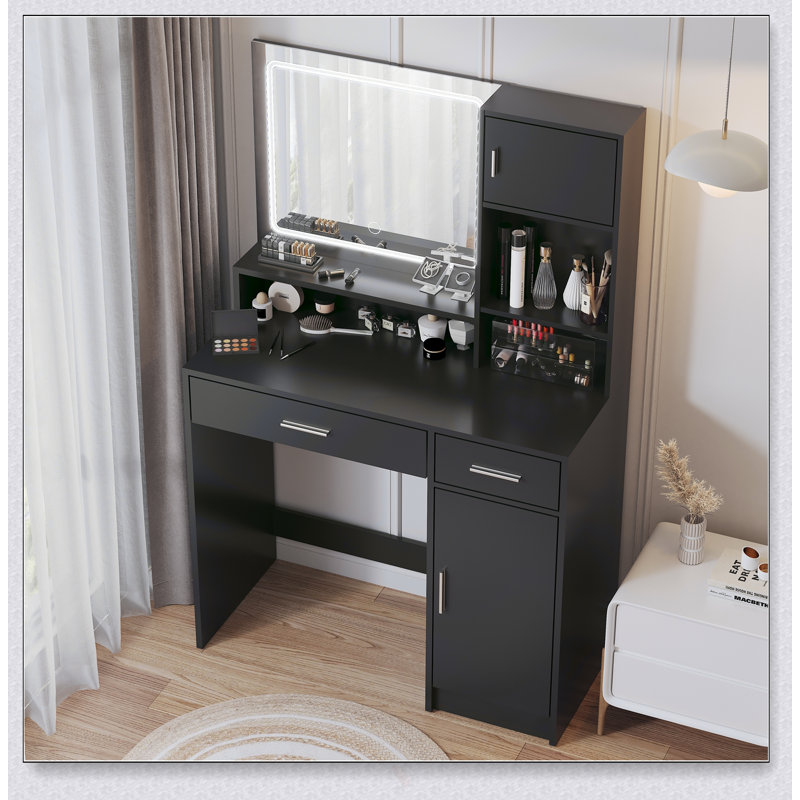Elegant Vanity Desk With Mirror And LED Light Strip, Large Drawer, 3-Level Storage, And Adjustable Brightness For Bedroom Use