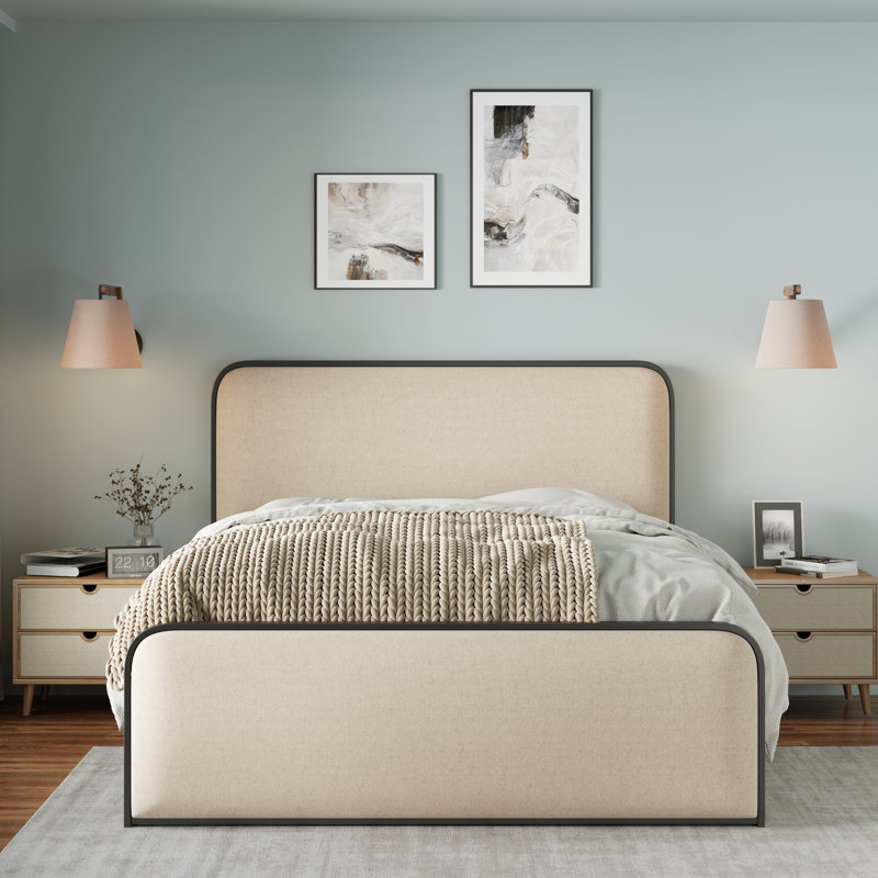 Structure de lit moderne en métal avec tête de lit et pied de lit rembourrés courbés avec rangement sous le lit, Grand