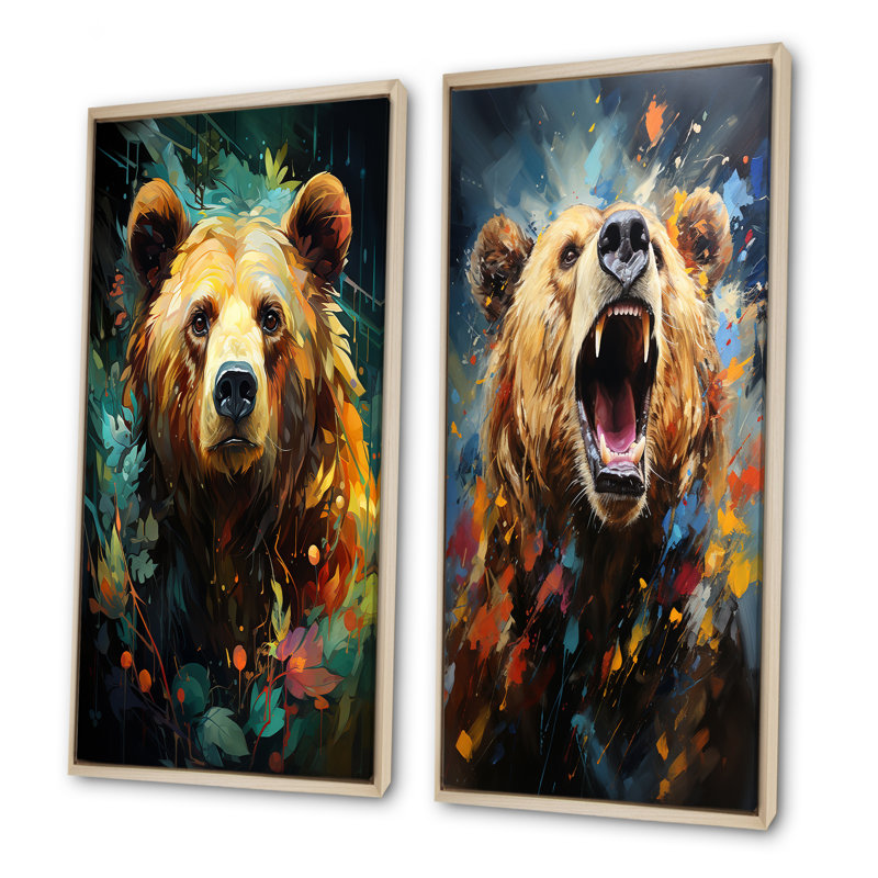 Ensemble de 2 décorations murales Expressionist Grizzly Bear Vigor, H 40 po x l 41 po, Encadrement brun