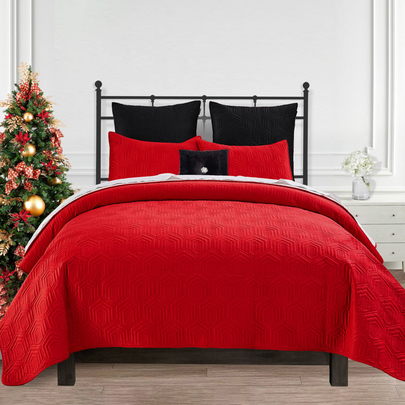 Ensemble de literie en velours 3 pièces, Courtepointe grand + 2 taies décoratives standard, Rouge